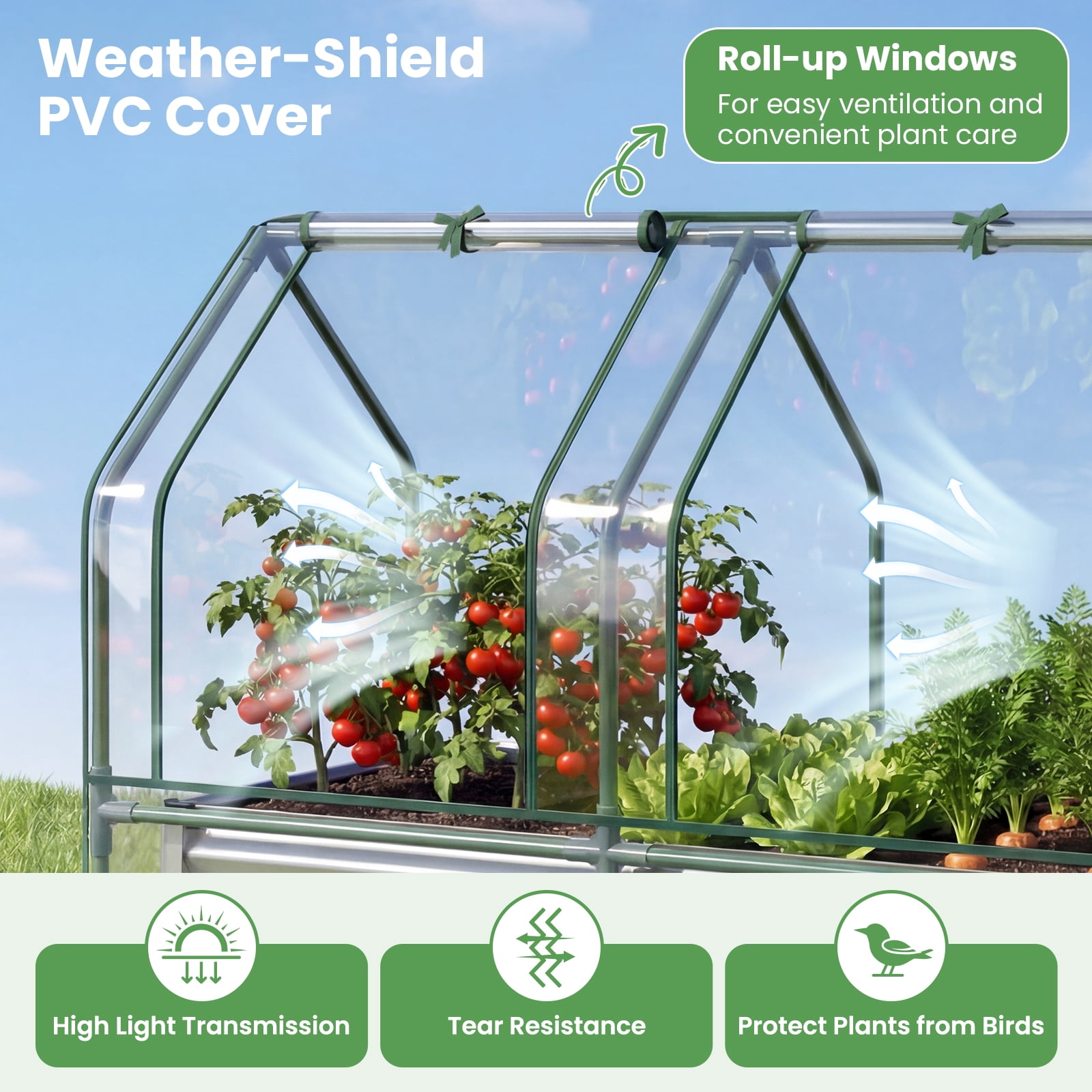 Gymax 4 x 2 x 3 FT Small Galvanized Raised Garden Bed w/Greenhouse Cover Windows Sliver & Transparent