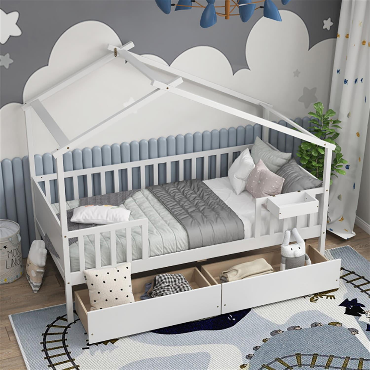 Demi Bonn Twin House Bed Frames with 2 Storage Drawers and Roof & Fence Rails, Modern Platform Bed Frames for Teens, White