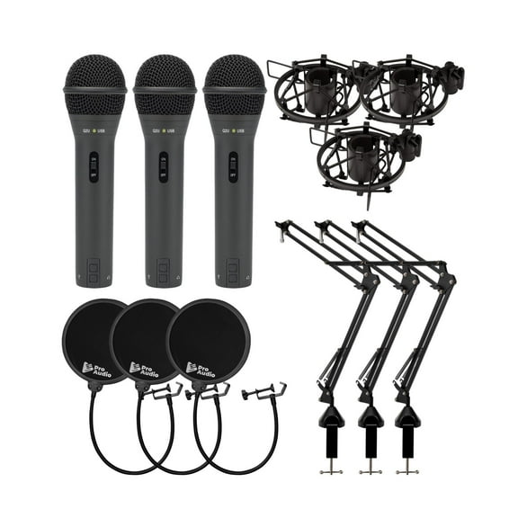 Samson Q2U Dynamic USB Microphone (Black, 3-pack) Bundle with 3 x Shockmounts, 3 x Boom Arms and 3 x Pop Filters (12 items)