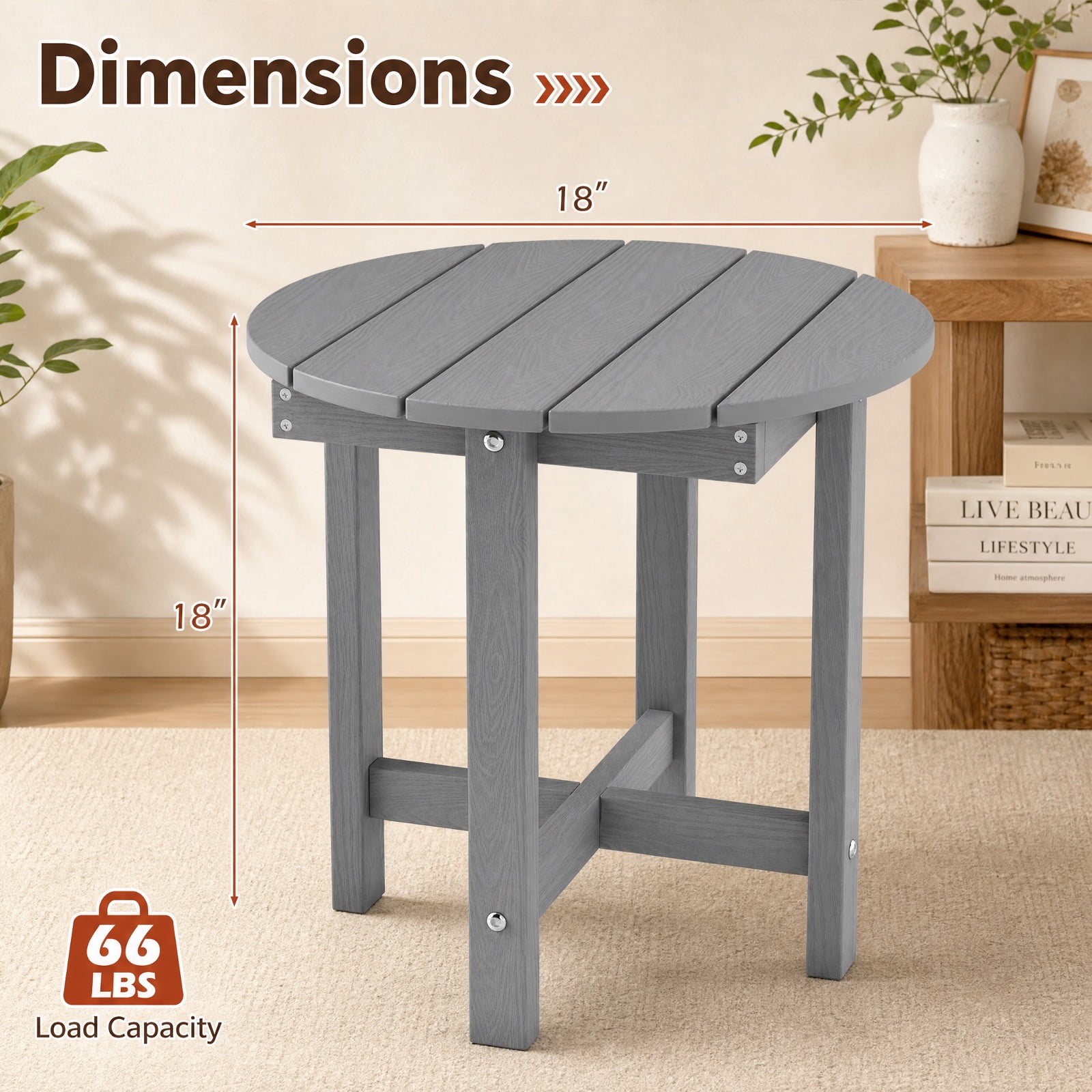 Biotree 18 Inch Outdoor Adirondack Side Table, Weather-Resistant HIPS Slatted End Table with X-Frame Base for Backyard Deck Poolside, Gray