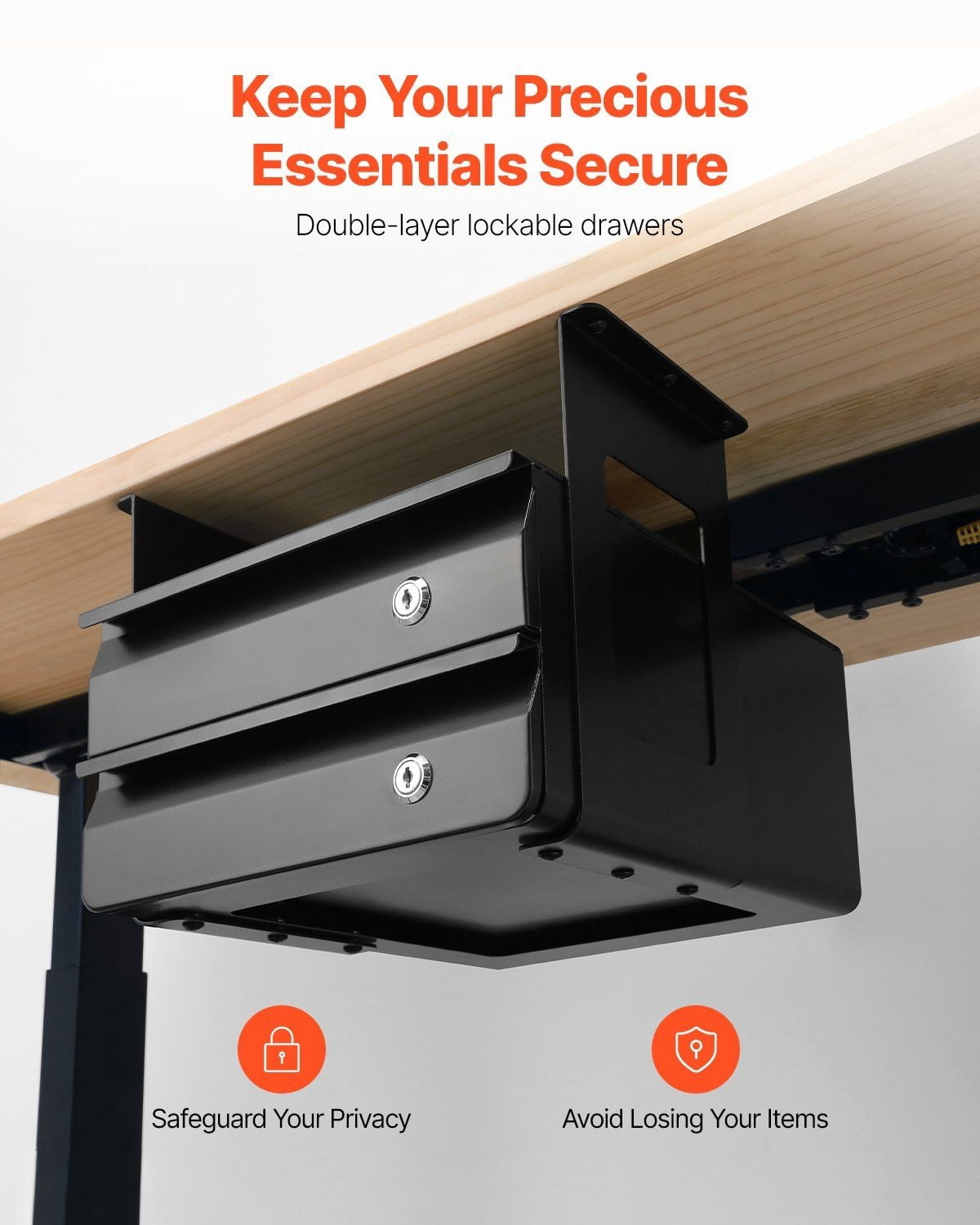 Under Desk Drawer, 13" Wide Slide Out Organizer, Lockable Hidden Storage, Undermount Pencil Drawer for Desk, 2 Layer Desk Organizer for Sit Stand Workstation, 14x13x10in