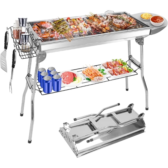 Portable Charcoal Grill Set - Stainless Steel Folding BBQ with Grill Rack, Shelves & Accessories, Compact Hibachi for Camping, Tailgating, Backyard and Travel