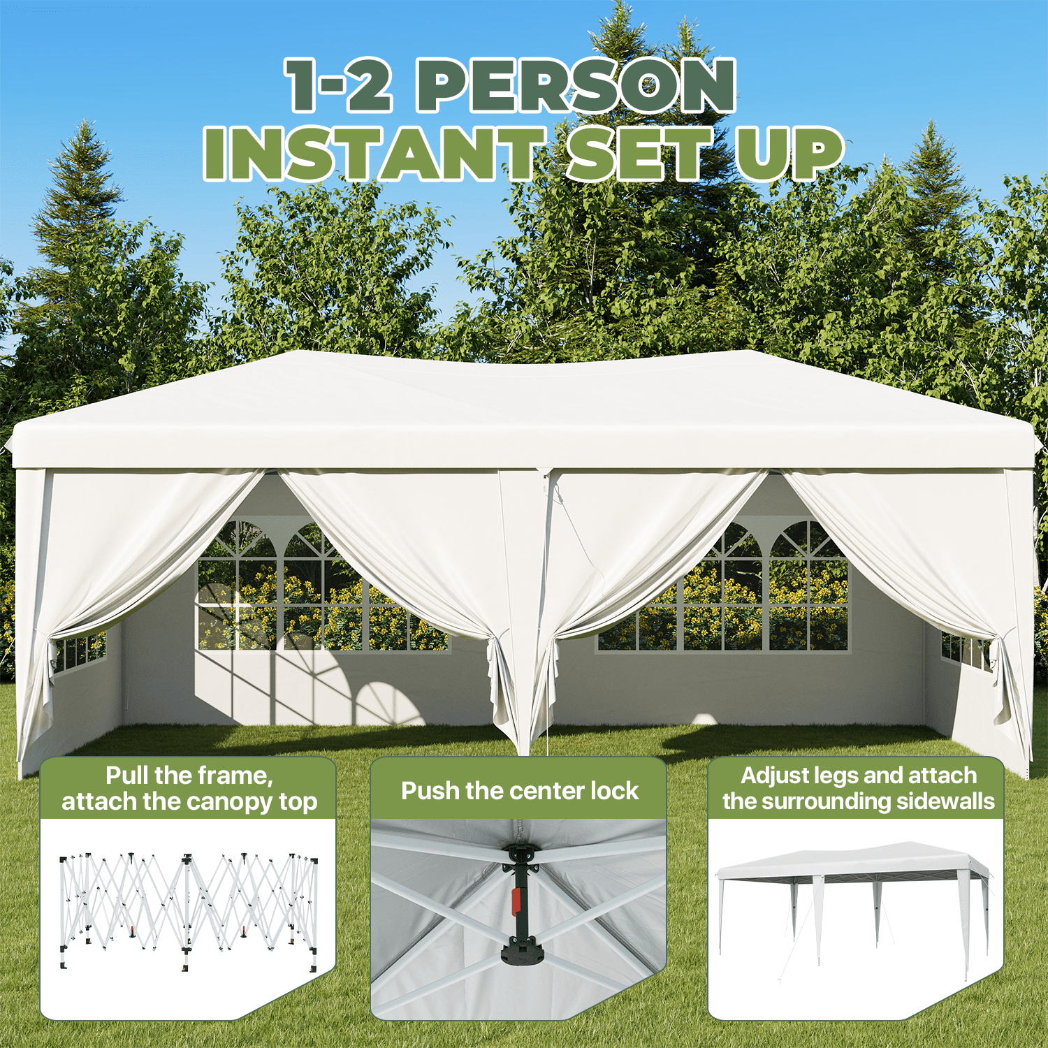 BaPiPro 10'x20' Party Tent with 6 Removable Sidewalls, Waterproof Outdoor Canopy Tent, Easy Setup, Height Adjustable Portable Event Tent for Parties, Wedding, White