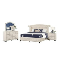Pemberly Row Crystal Tufted 4PC King Bedroom Set in Cream made with Wood
