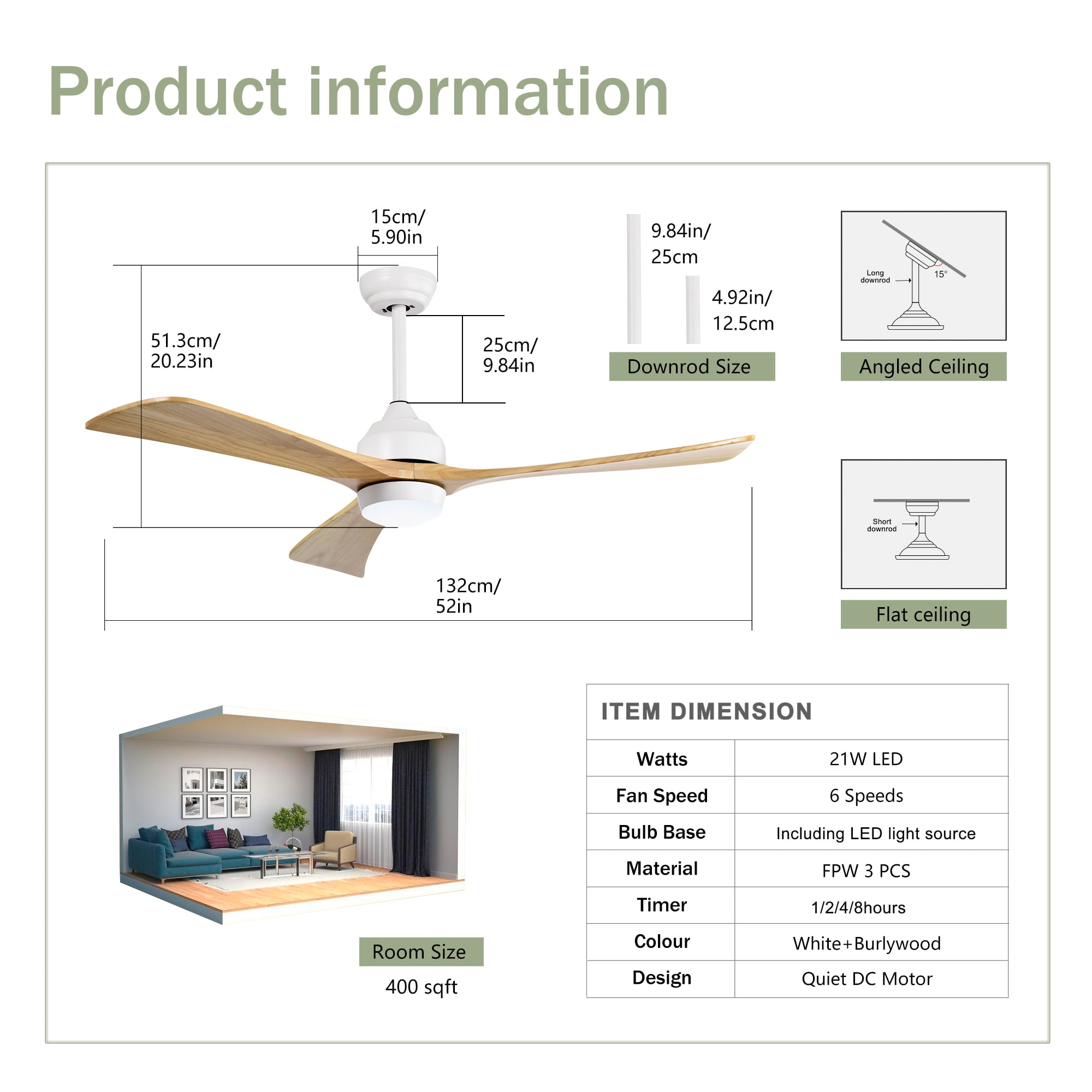 Leumius 52" Solid Wood Blades Ceiling Fan with Light and Remote Control,Quiet DC Motor 3 Blade Ceiling Fans 6 Speed Levels,Reversible for Patio Living Room Bedroom Office White+Natural