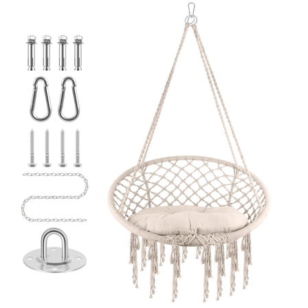 Ceiling Hanging Chair, Steel Mounts, Hand Woven Cotton Ropes, Beige Hammock Swing Chair, Swing Chair, For Corner, Retreat, Relaxation