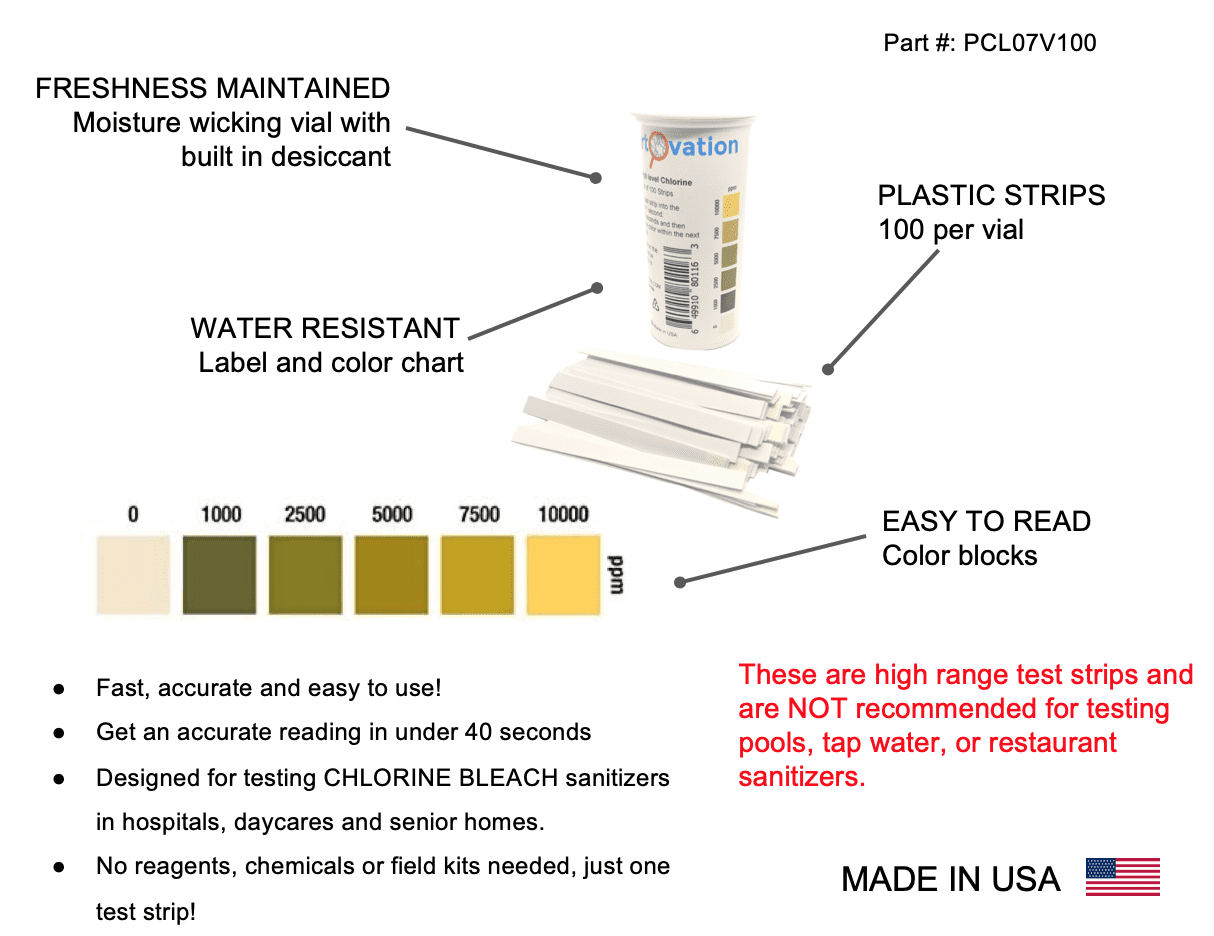 Bartovation Extra High-Level Chlorine Test Strips, 0-10,000 ppm, Vial of 100