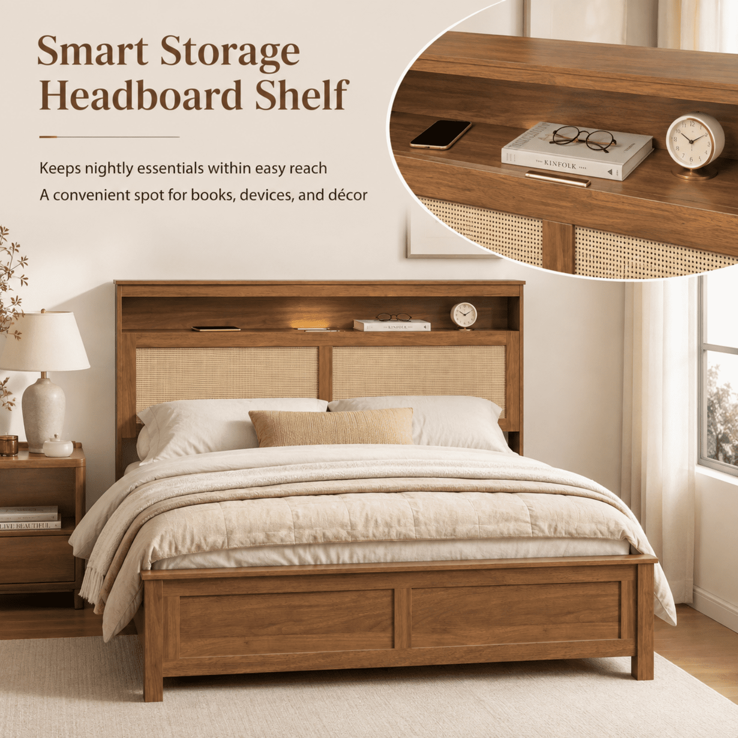 Miniyam Queen Bed Frame with Storage Headboard, LED Light and Charging Station, Cane-Inspired Platform Bed, Brown