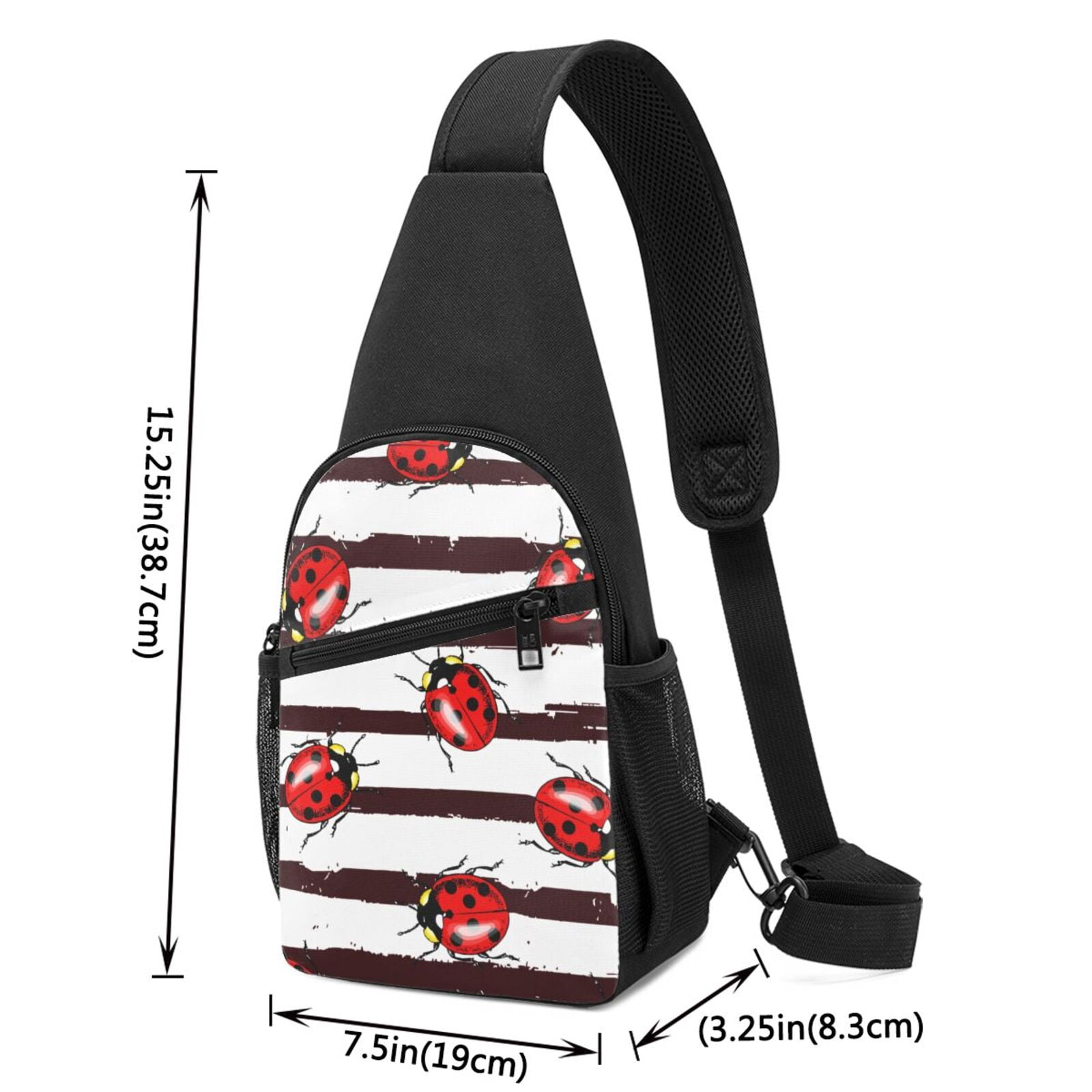 Xecao's Ladybugs on Black and White Striped1 Print Sling Bag: A Versatile Chest, Shoulder, and Crossbody Backpack for Casual Days Out, Perfect for Both Men and Women
