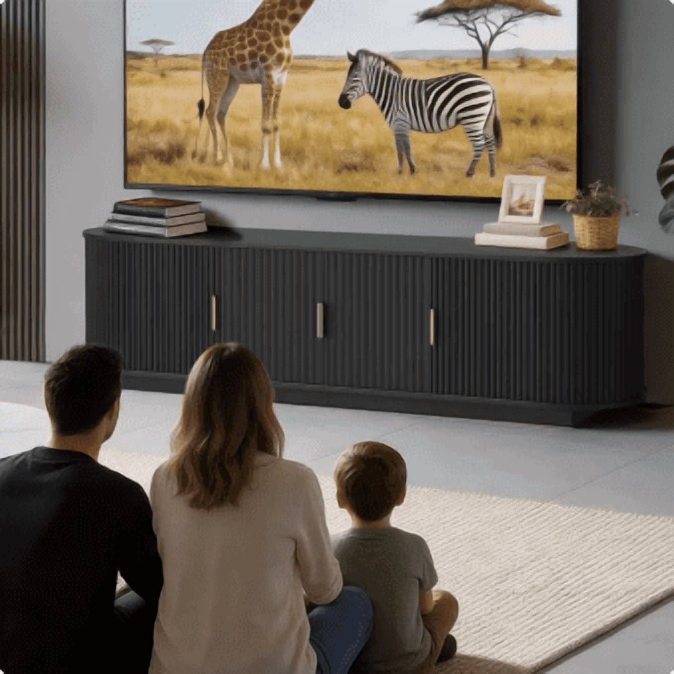 PORKISS Modern Fluted TV Stand for 75 Inch TV, Wood Entertainment Center with Tambour Sliding Doors, TV Console with Storage Cabinet, Media Console Table for Living Room Bedroom, Black
