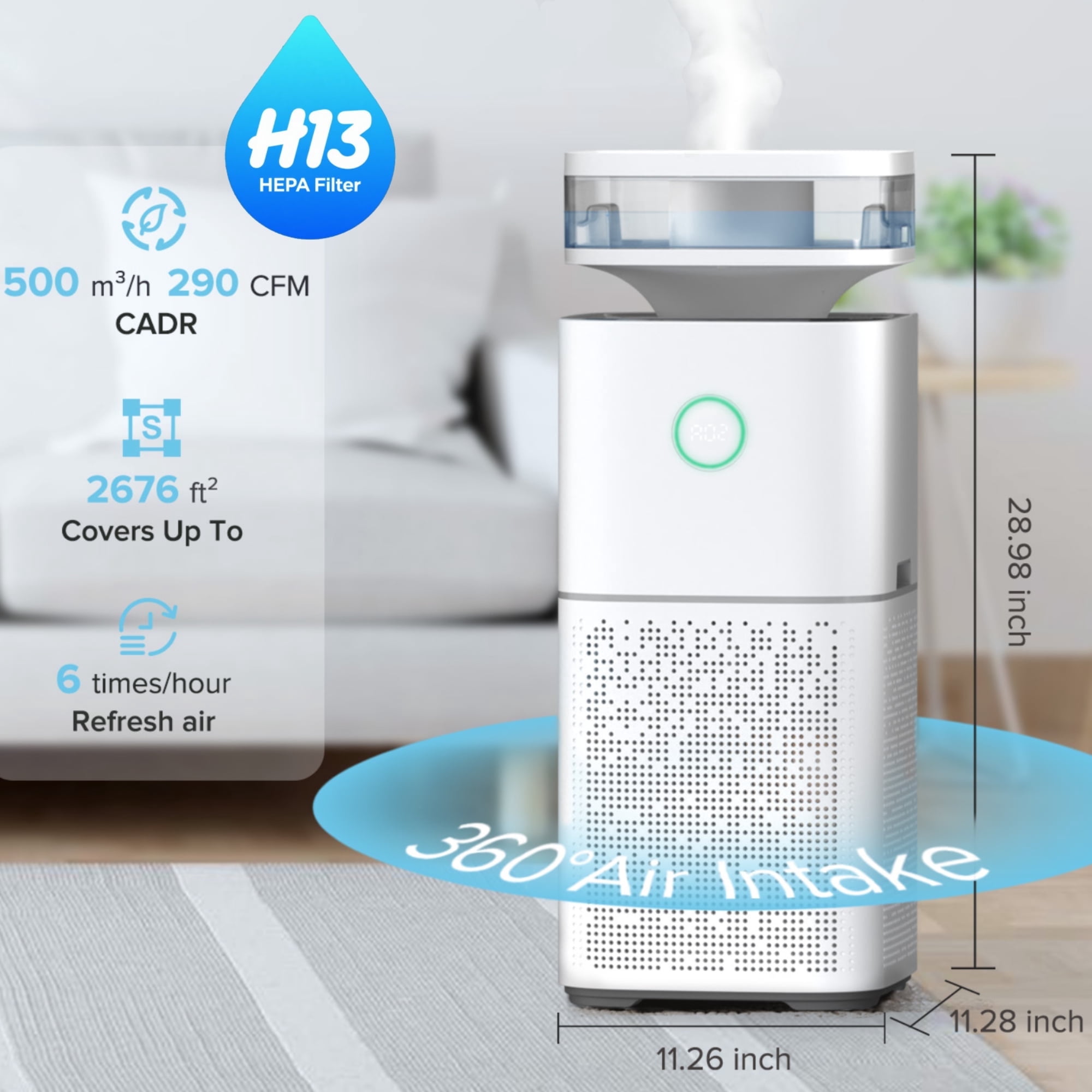 KISSAIR Air Purifier with Humidifier(CARB), H13 True HEPA Filte Air Cleaner, Max Room Capacity 2676 Sq.ft