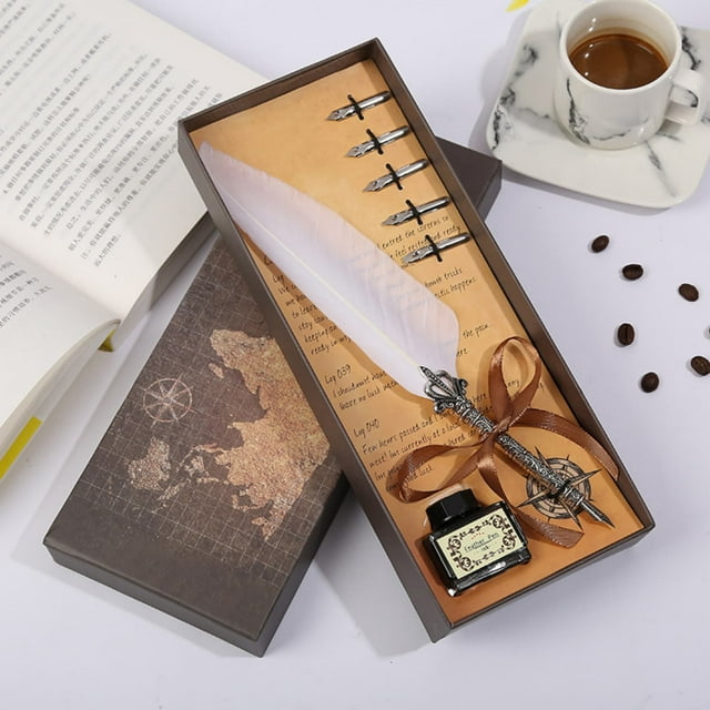 HIGERH Map C Creative Pen Gift Box | Crown Feather Pen Set with Brass Pen, Pheasant Feathers & Gold Nib | Includes Inkwell, 6 Ink Cartridges & Leather Pen Rest