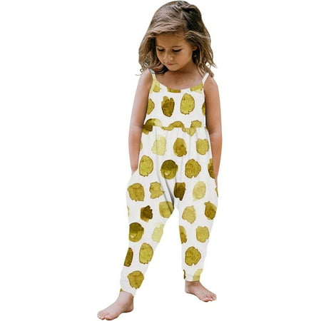 

Toddler Baby Girl Jumpsuit One Piece Printed Sleeveless Strap Romper with Pockets Summer Onesie Outfit Clothes(Yellow 2-3 Years)