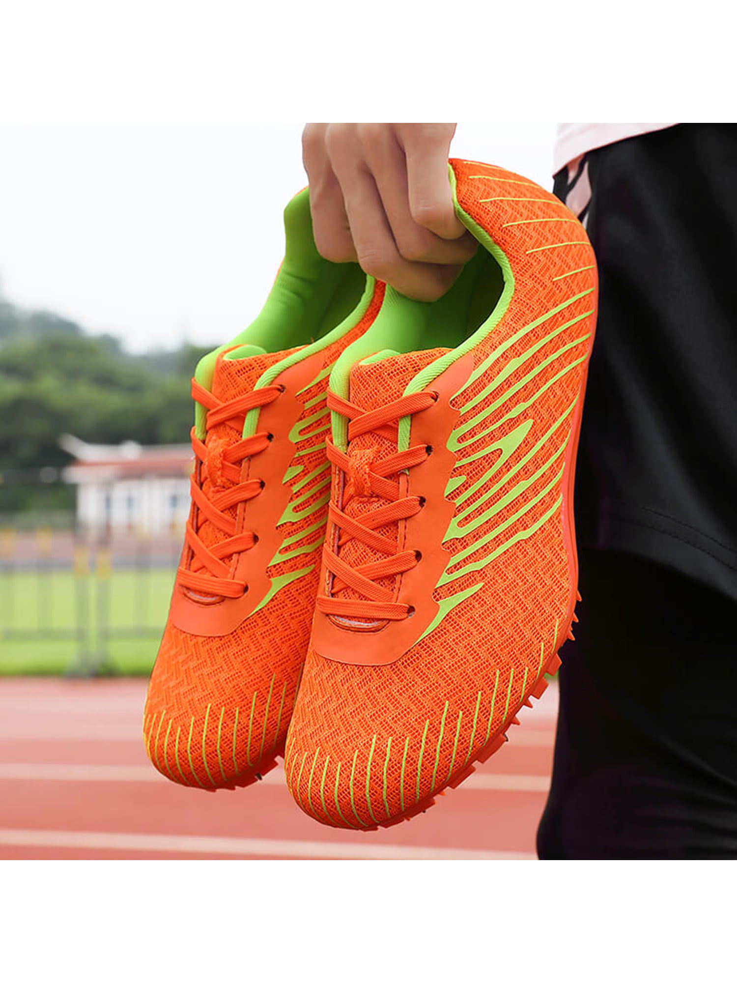 ZAKEY Mens Womens Track and Field Shoes Spikes Track Race Jumping Sneakers  Professional Running Nail Spikes Shoes for Kids 5 Women/3.5 Men Orange