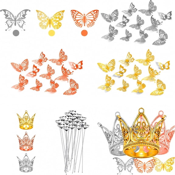 52-Piece Crown Cake Topper Set, 15 Mixed-Tone Mini Crowns 36 Butterfly Decorations, Rhinestone Pearl Alloy Crown Toppers for Flower Bouquets, Cupcakes, Quinceañera & Party Decor
