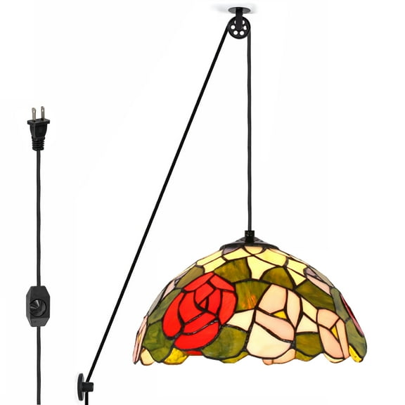 Kiven Plug in Tiffany Pendant Light, Pulley Hanging Light with Iron Lampshade and 15FT Plug-in Cord, Dimmable Ceiling Pendant Light for Bedroom Hallway Foyer Kitchen Island,1-Light