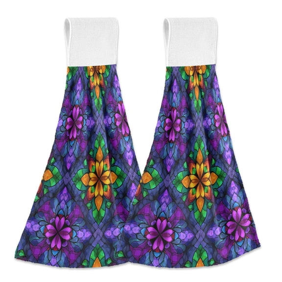 Yayeee Kitchen Hanging Hand Towels Set of 2 with Loop Bathroom Absorbent Tie Towel, Purple Stained Glass Pattern