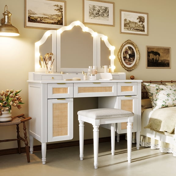 Makeup Vanity Set with Tri-Fold Mirror & Lights, 44.37" Vanity Desk with 5 Drawers Shelves and Charging Station, Dressing Table for Bedroom, White