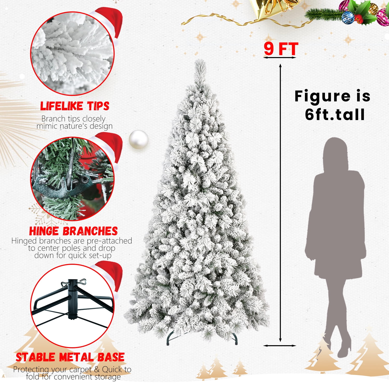9ft Snow Flocked Christmas Tree 1964 Tips Hinged Branches Metal Stand Indoor Holiday Decor