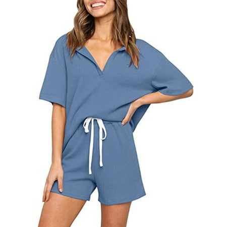 

Women s Summer Pajama Set Loungewear Joggers Two piece Lounge Set Ribbed Knit Short Sleeve Sweatsuit and Pjs Shorts Tracksuit Outfits Sleepwear Homewear