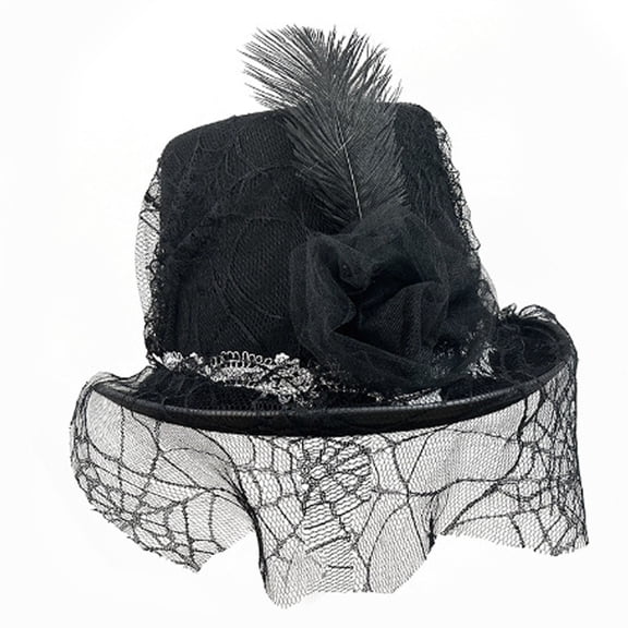 SAWOBUUN Woman Halloween Lace High Hat Spiderweb Veil & Feather Gothic Halloween Accessory Vintage Lace Witch Hat for Party