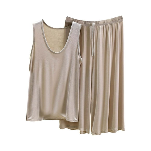 Womens Soft Pajamas Sets Capris, Sleeveless Tank Tops with Cropped Pants Loungewear Suits, Solid Color Homewear Gym Outfits for Lady Set Beige L