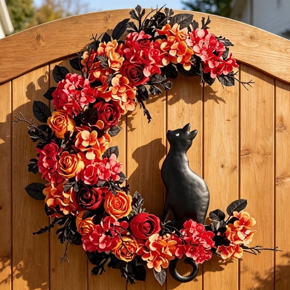 Halloween Crescent Moon Floral Wreath With Black Cat Statue Orange Red Rose Hydrangea Gothic Artificial Flower Front Door Mantel Fall Wall Decor.11.81 In