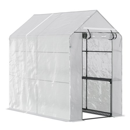 47.25" x 73.25" x 74.25" Walk-in Greenhouse, Outdoor Portable Plant Flower Growing Warm House with Roll-up Door and 4 Shelves, White