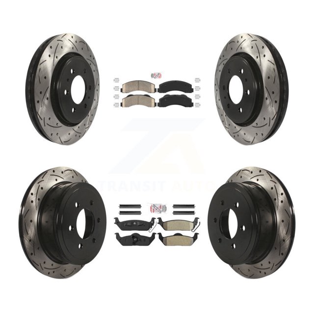 Transit Auto Front Ceramic Rear Semi-Metallic Pads and Coated Drilled Slotted Disc Brake Rotors Kit for Car 2010-2011 Ford F-150 with 6 Lug Wheels KDA-102488