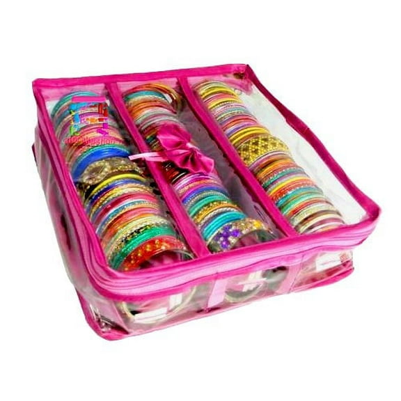 atorakushon Satin 3 Rods Jewelery Bangles Storage Wardrobe Organizer Pouch Box Chudi Watch Display Box Zipper Lock Makeup Pouch Travelling Bag for Women (Pink)