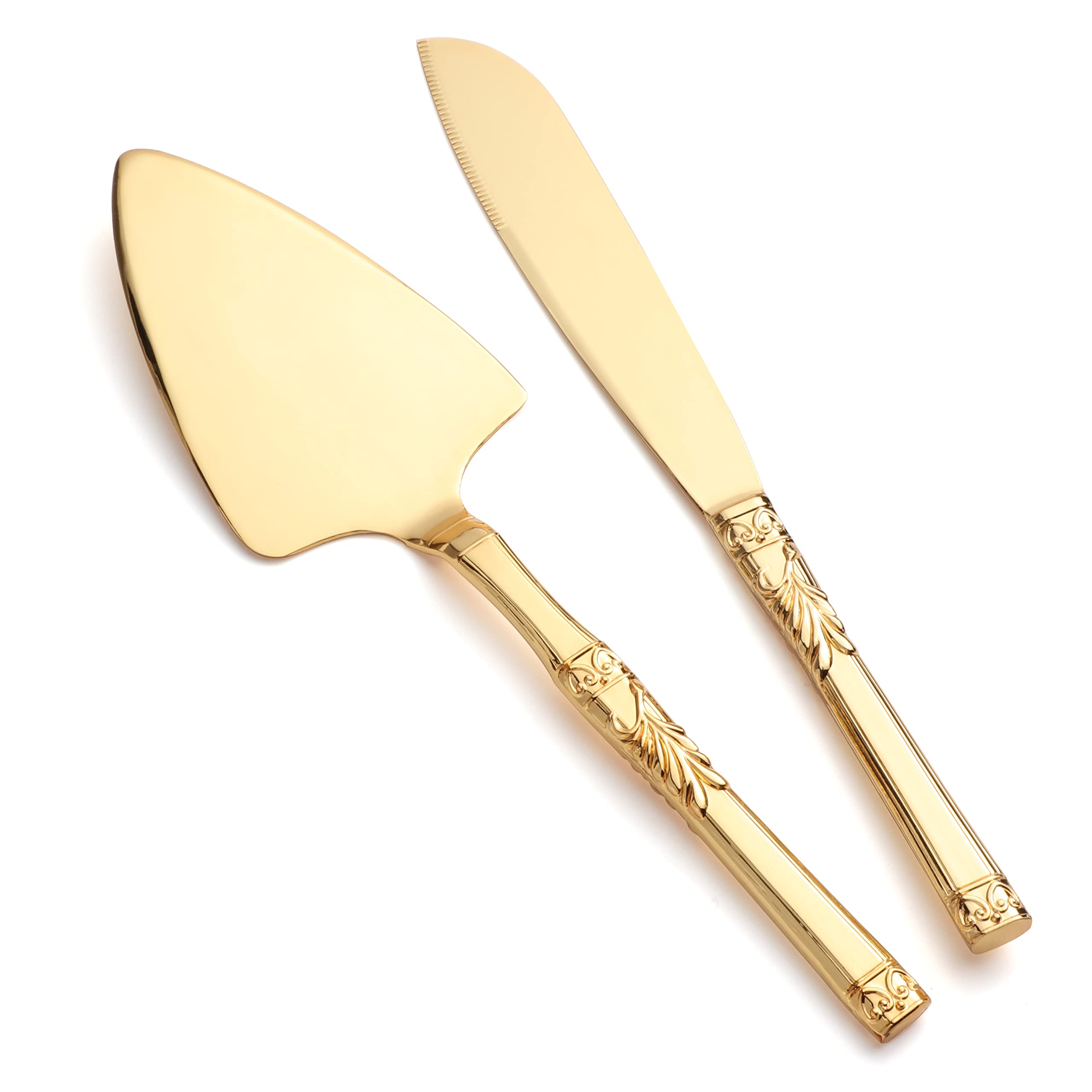 QIEYUE 2 PCS Gold Cake Knife and Server Set, Wedding Cake Cutting