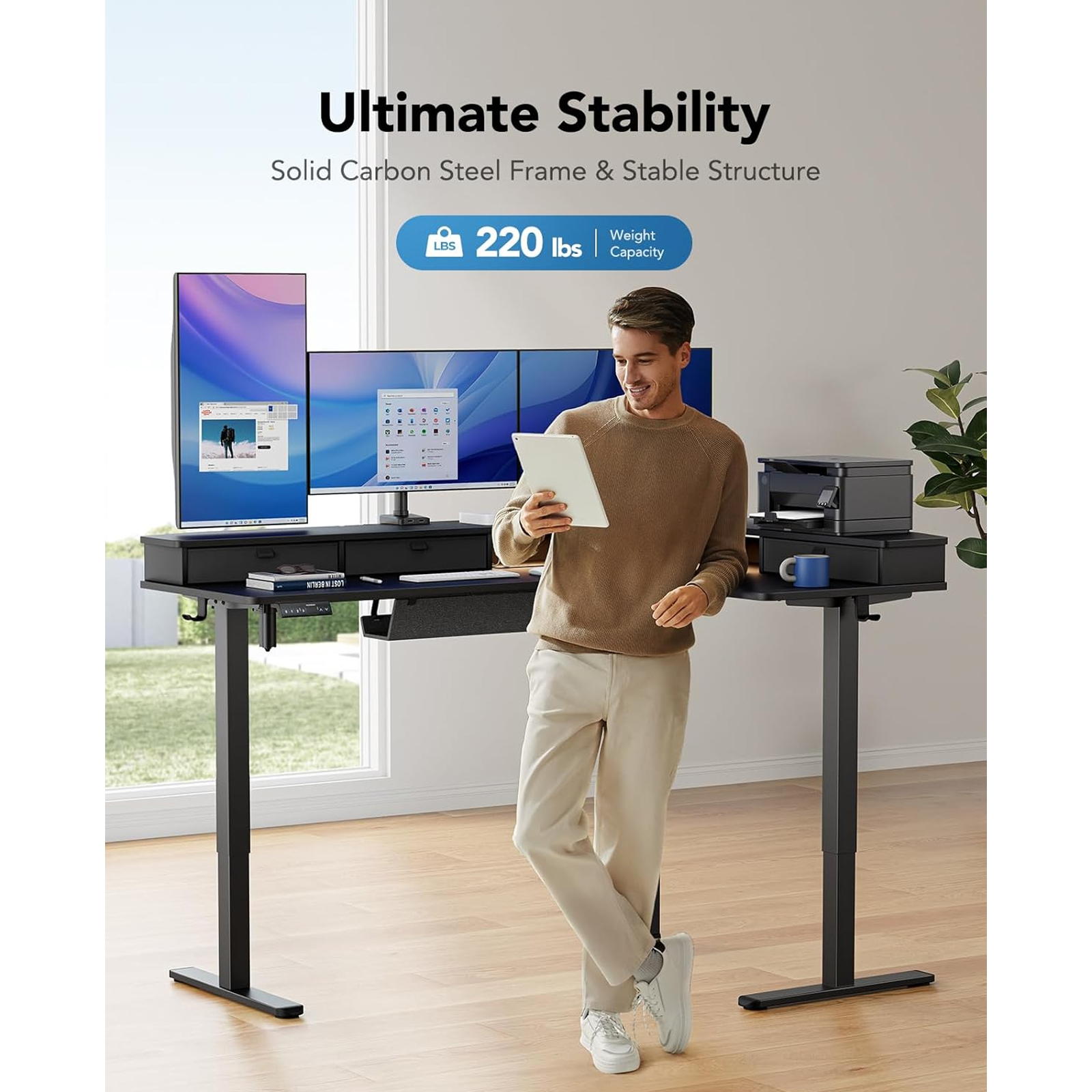 Kyspho 65″ Electric Standing Desk with LED Strip & Power Outlets, L-Shaped Corner Desk with 3 Drawers, Adjustable Height Computer Desk, Black
