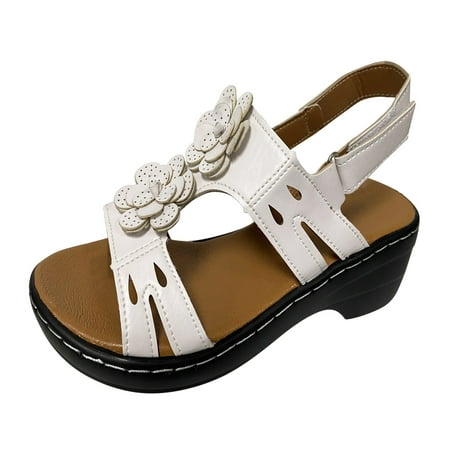 

LIANGP Women s Sandals Ladies Summer Fashion Multicolor Flower Round Toe Hook&Loop Platform Sandals Women s Shoes White Size 6.5