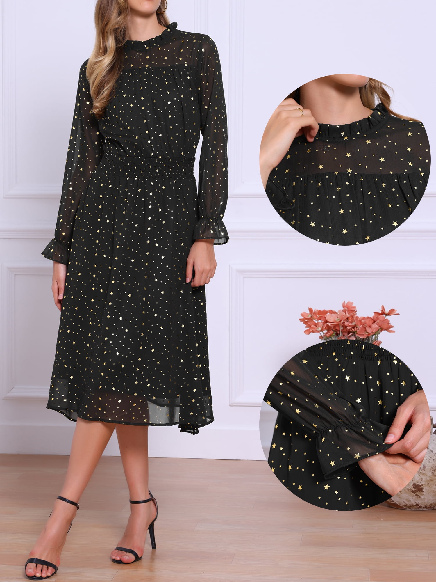 DARING DIVA Women's Chiffon Sheer Long Sleeve Smocked A-Line Dress M Black