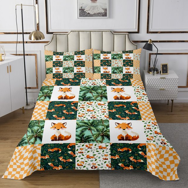 Erosebridal Ensemble de Couvre-Lit Renard Dessin Animé Taille Simple, Courtepointe Arbre Plam, Décor Animal Patchwork, 2 Pcs