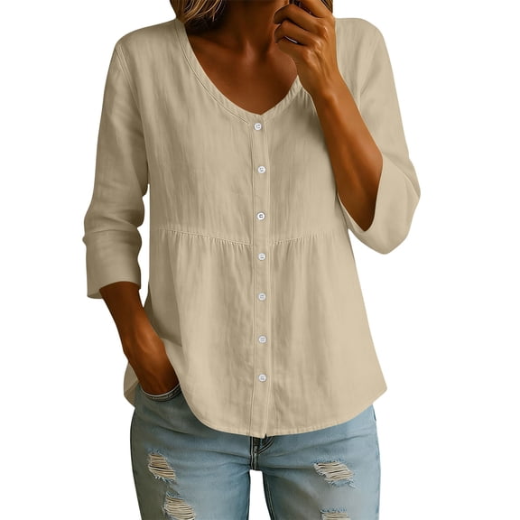 MaFYtyTPR Womens Linen Shirts 3/4 Sleeve Tops for Women Trendy Solid Color V-Neck Button Cardigan Lightweight Loose Three-Quarter Tee Blouse Z-Beige S