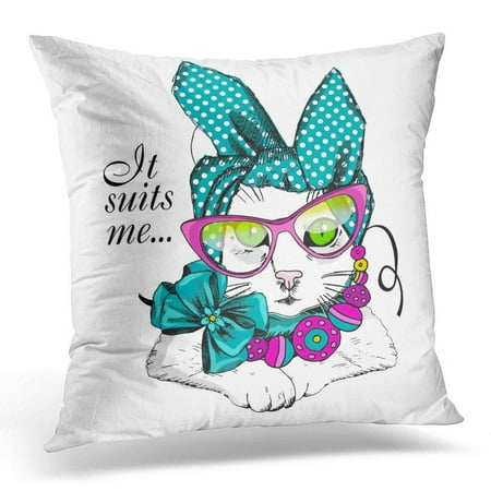 ARHOME Animal White Cat with Pink Glasses Bow and Necklace of Kitten Attire Pillow Case Pillow Cover 20x20 inch