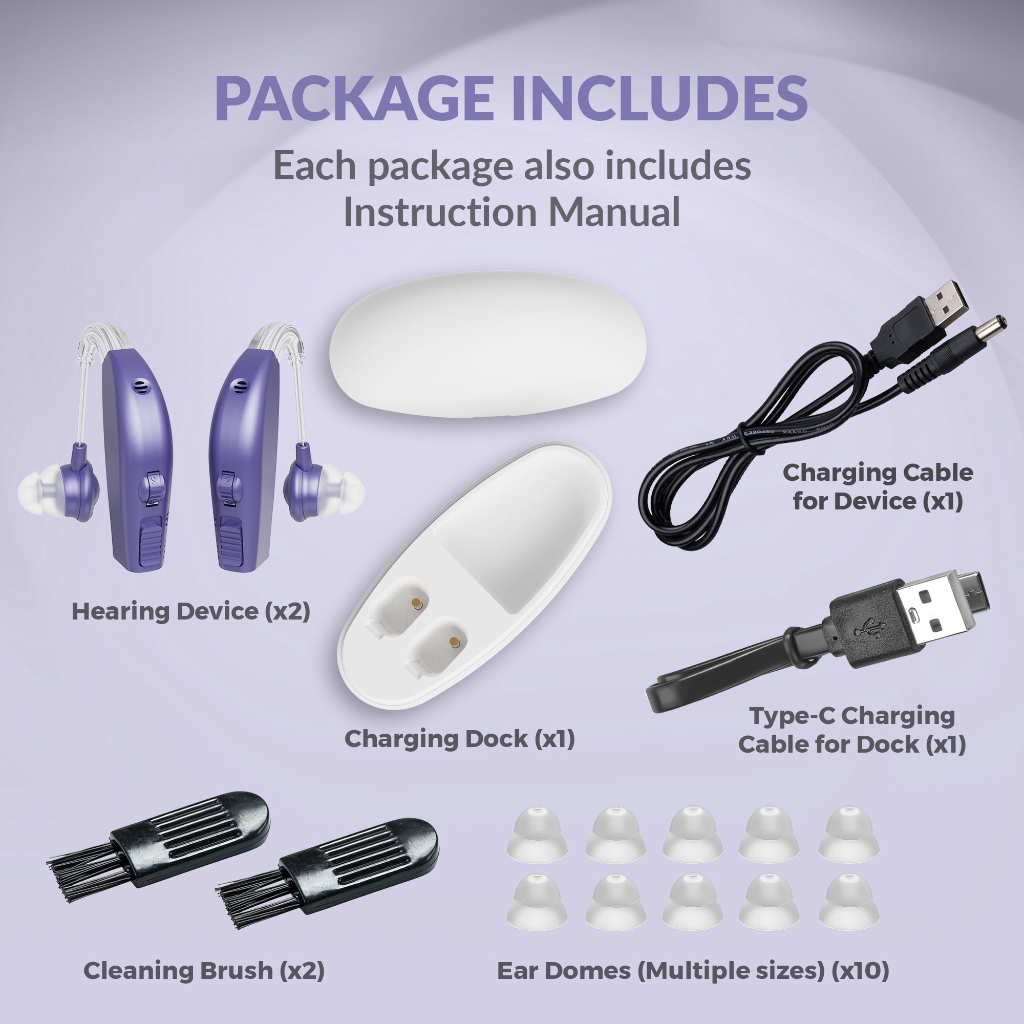 MEDca Rechargeable Pair Hearing Aid for Seniors, Personal Sound Amplifier - Purple