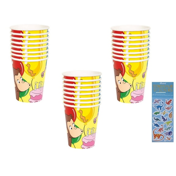 Curious George Birthday Party Supplies Bundle includes 24 Party Paper Cups 9oz and 1 Dinosaur Sticker Sheet