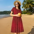 thumbnail image 3 of Ratiio Vintage Burgundy Print Women's Short Sleeve Dress - Casual A-Line Dress with Side Pockets, Elastic Waist, Comfortable and Breathable Summer Dress, 3 of 8