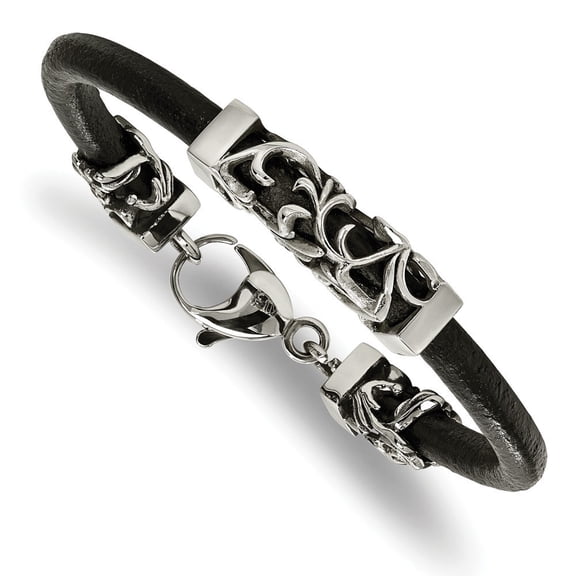 Stainless Steel Polished Antiqued Filigree Black Leather Cord Bracelet - 8.5 Inch