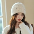 thumbnail image 4 of Kripyery Fall Winter Women Beanie Thickened Knitted Rhinestone Decor Soft Warm Elastic No Brim Solid Color Anti-slip Windproof Lady Dome Cap, 4 of 8