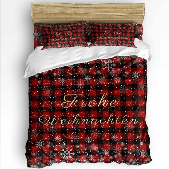 Frohe Weihnachten King Size Comforter Set, Christmas Snowflakes Red Buffalo Plaid Soft Bedding for All Seasons, 4 Pcs Bed Set with 1Comforter (90"x106") ,1 Sheet(94"x116"), 2 Pillowcases (19"x35")