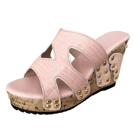 

Jungdeepe Ladies Bohemian Leather Open Toe On Slope Heel Thick Soled Roman Sandals