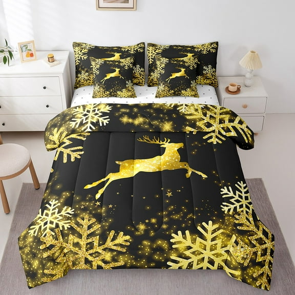 Erosebridal Golden Deer Bedding Sets Twin Size,Merry Christmas Comforter Sets with Sheets,Bling Glitter Bed in a Bag Twin size,Ultra Soft Snowflakes Room Decorative,Reversible,7-Piece