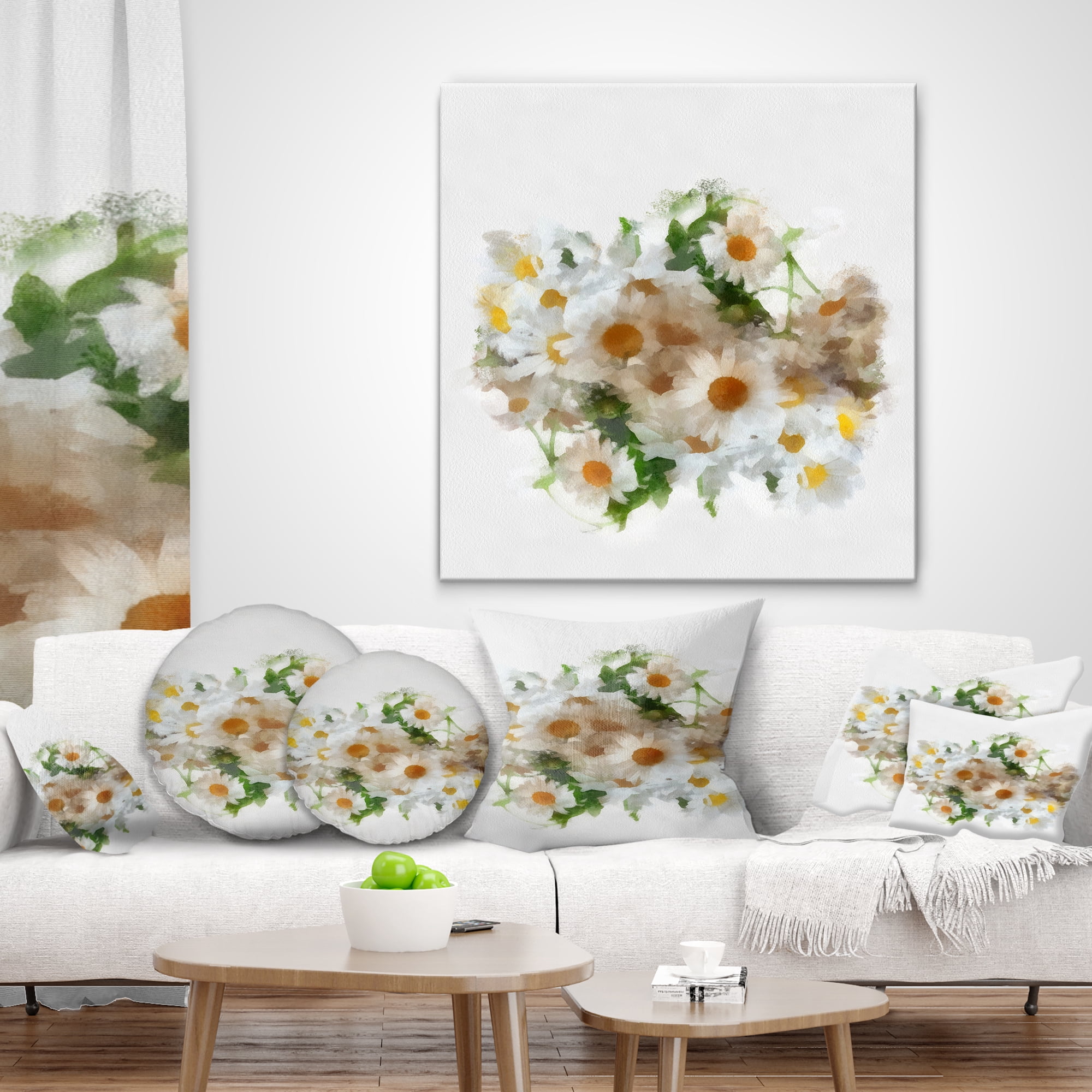 Designart Bunch of White Chamomiles Watercolor - Flower Throw Pillow - 12x20