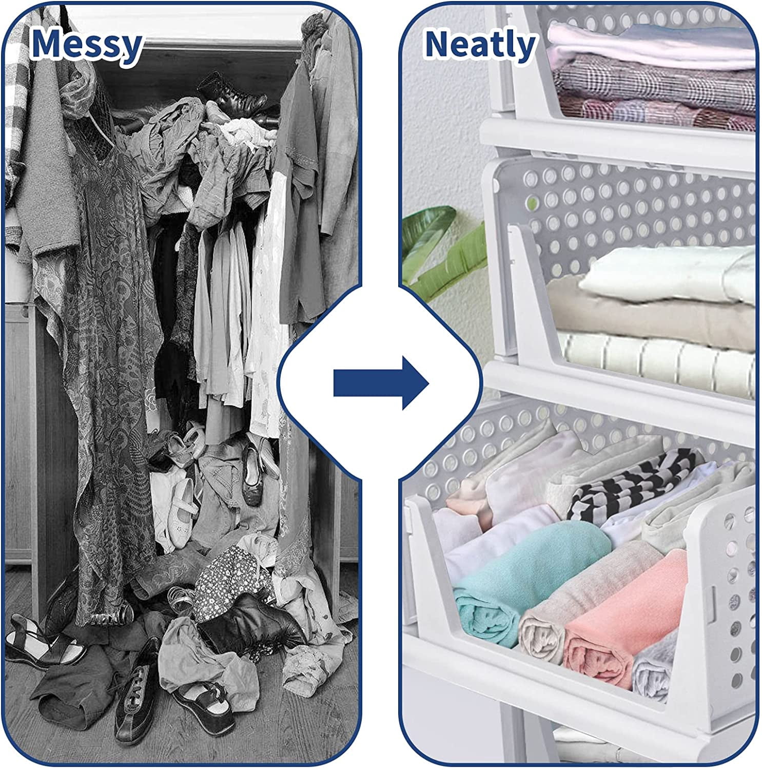 2 Pack Stackable Storage Bins, Foldable Sliding Bins,Plastic Clothes Drawer Organizer Wardrobe Storage Box Shelf Basket for Cabinet,Office, Laundry, Bedroom Closet, White-2L