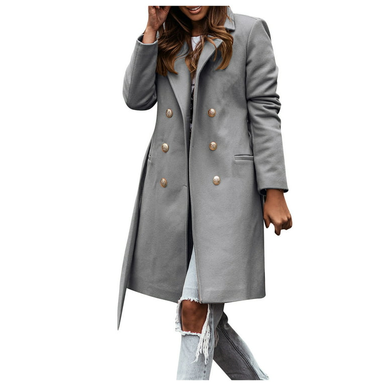 JDEFEG Clothes for Women Women's Wool Coats Thin Coat Trench Jacket Suit  Collar Double- Long-Sleeve Belt Button Woollen Coats Coral Sweater Other  Grey