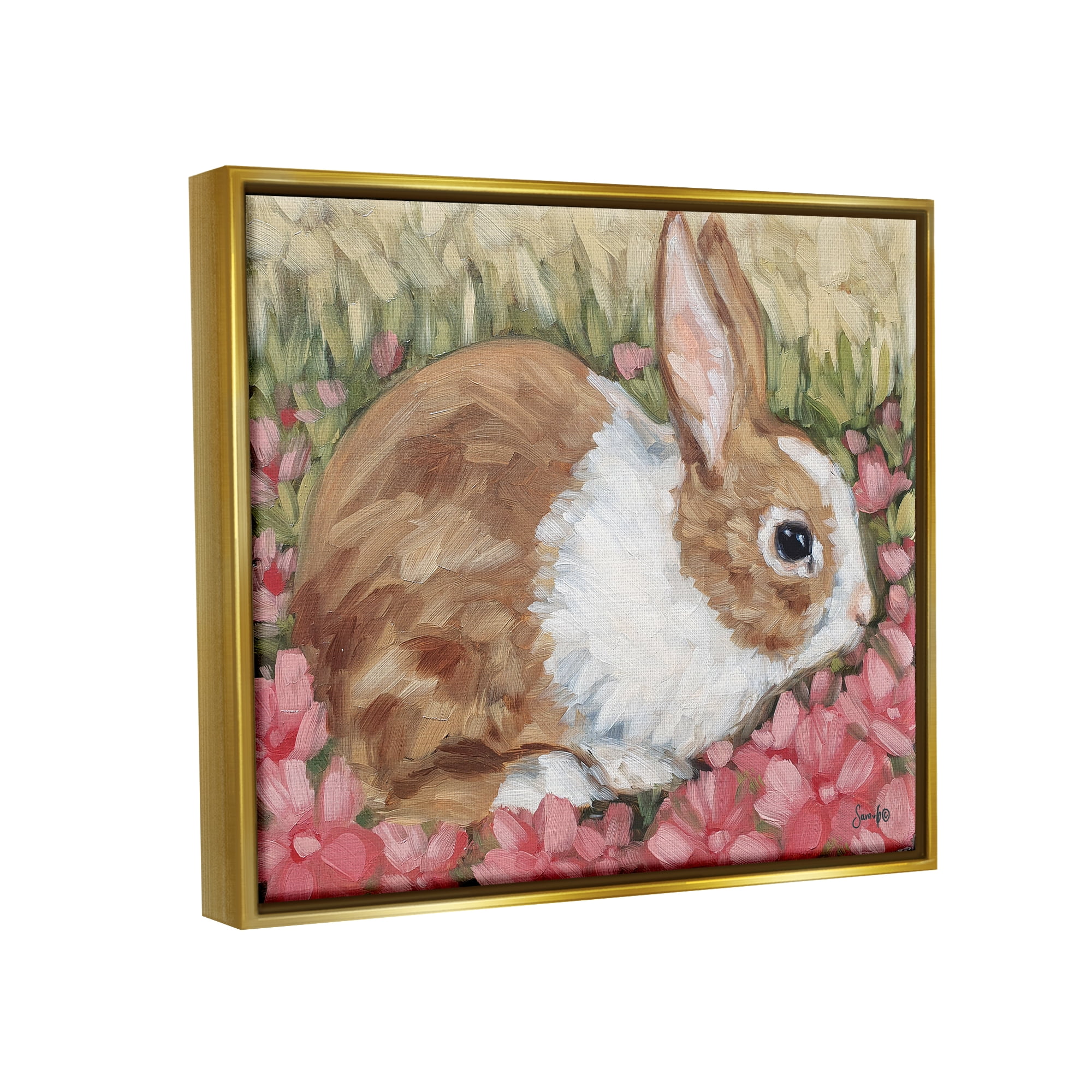 Stupell Bunny Pink Spring Blossoms Animals & Insects Painting Gold Floater Framed Art Print Wall Art