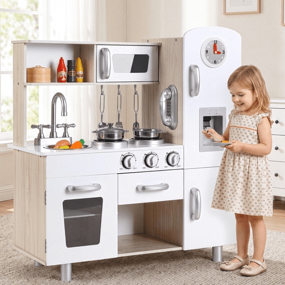Arlopu Kids Pretend Play Kitchen Set w/ Realistic Light & Sound, Wooden Kitchen Playset Interactive Toys for Toddler w/ Accessories